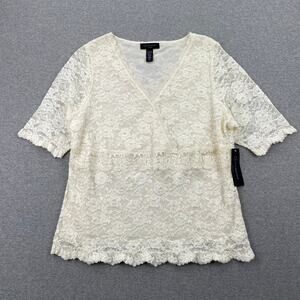 VTG y2k 00s Context Lace Babydoll Top Womens 1X Ivory White Coquette Blouse